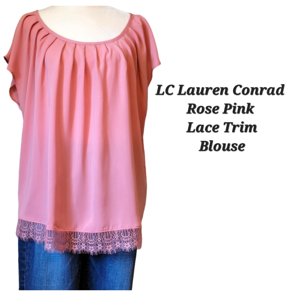 LC Lauren Conrad Rose Pink Lace Trim Short Sleeve Blouse Size XL | Pink Lace Top